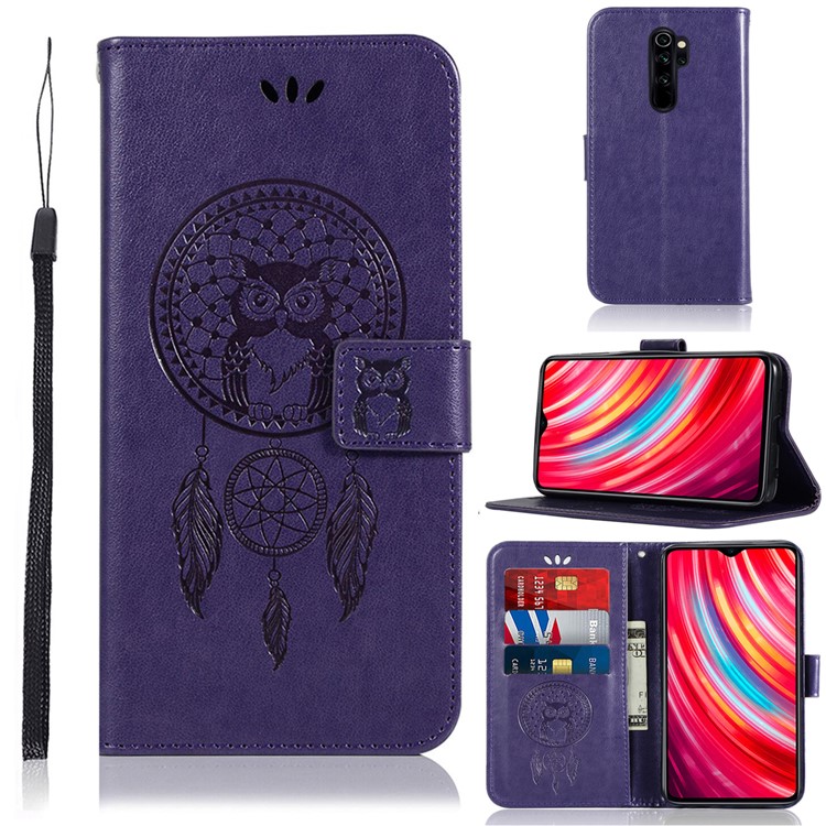 Imprinted Unique Dream Catcher Owl Leather Wallet Case for Xiaomi Redmi Note 8 Pro - Purple-1