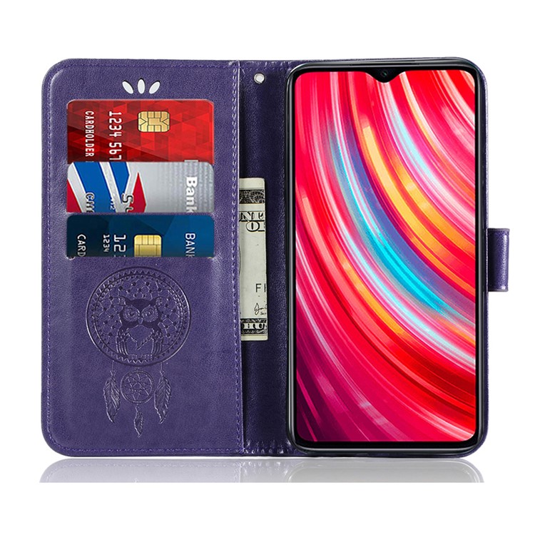 Imprinted Unique Dream Catcher Owl Leather Wallet Case for Xiaomi Redmi Note 8 Pro - Purple-4