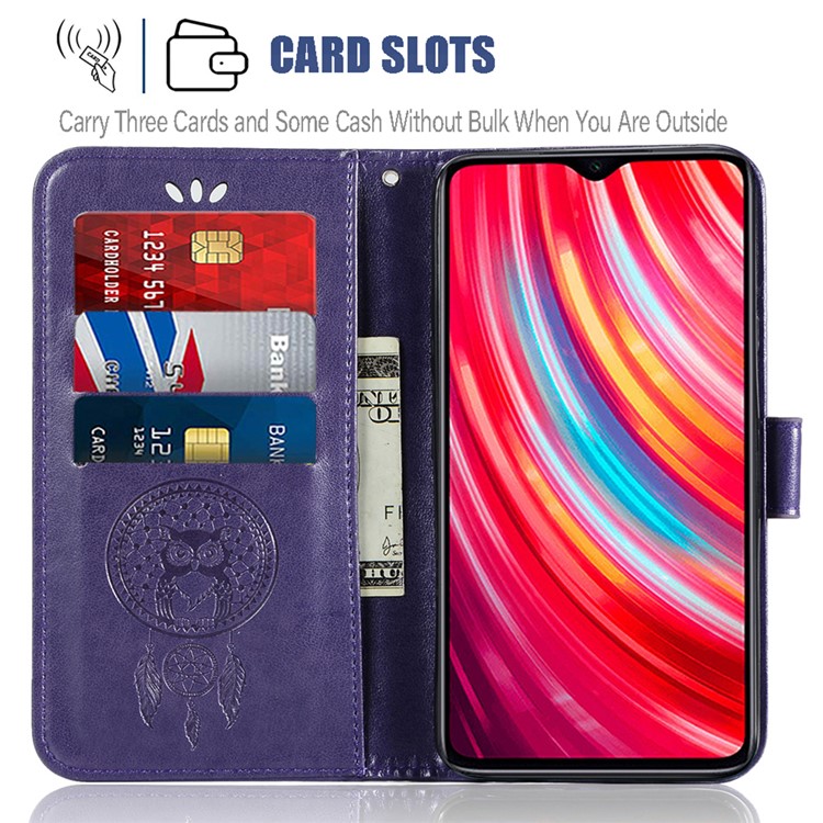 Imprinted Unique Dream Catcher Owl Leather Wallet Case for Xiaomi Redmi Note 8 Pro - Purple-7