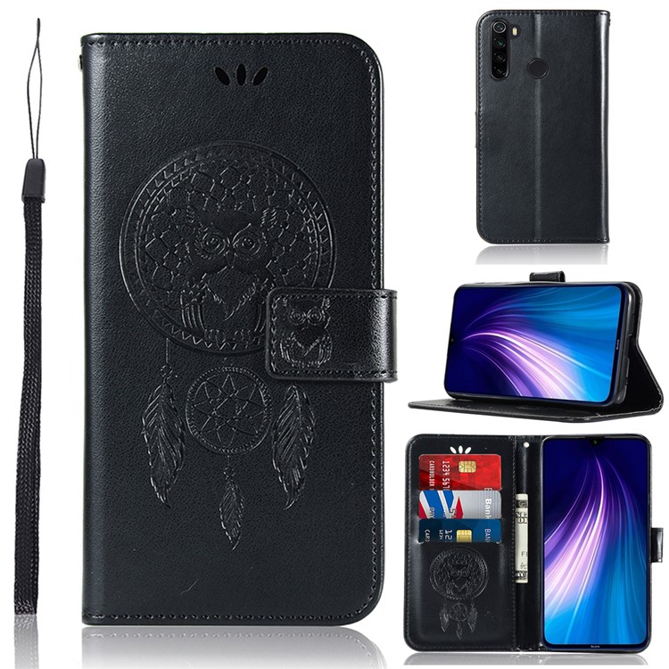 Copertina In Pelle Impronta Dream Catcher Gufo Per Xiaomi Redmi Nota 8 - Nero-1