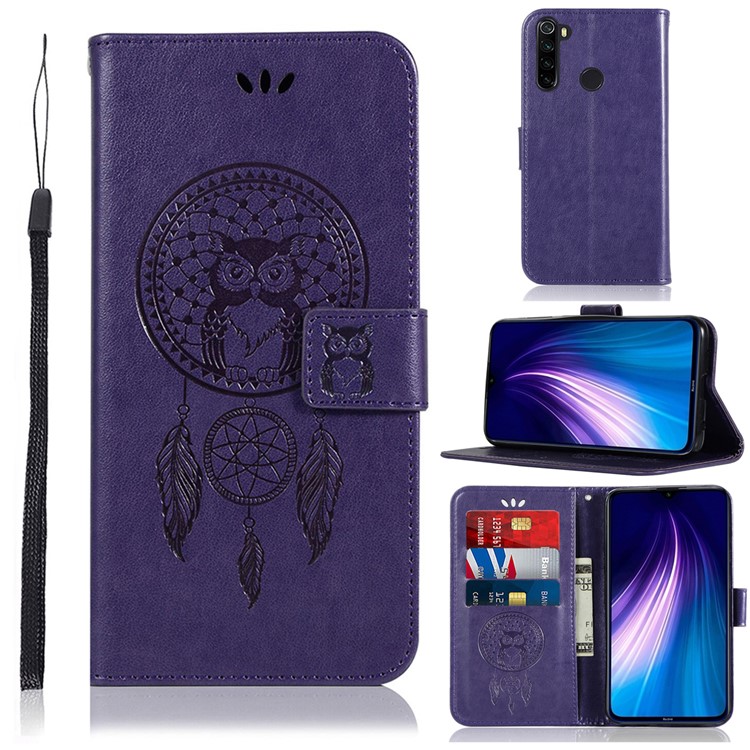Imprint Dream Catcher Owl Leather Cover for Xiaomi Redmi Note 8 - Purple-1