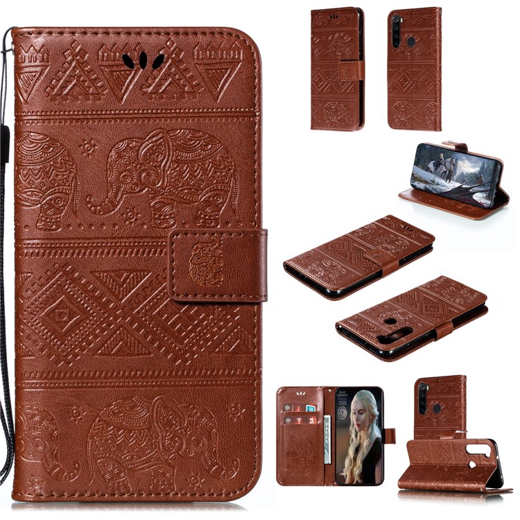 Imprint Elephant PU Leather Wallet Stand Case for Xiaomi Redmi Note 8 - Brown-1