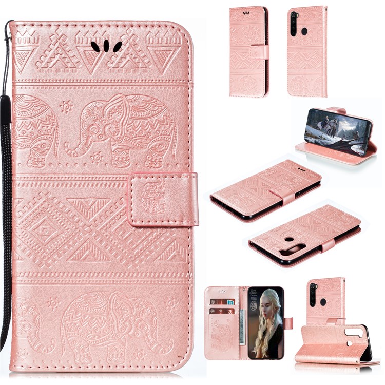 Imprint Elephant PU Leather Wallet Stand Case for Xiaomi Redmi Note 8 - Rose Gold-1
