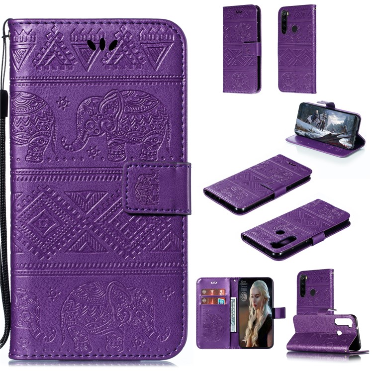 Imprint Elephant PU Leather Wallet Stand Case for Xiaomi Redmi Note 8 - Purple-1