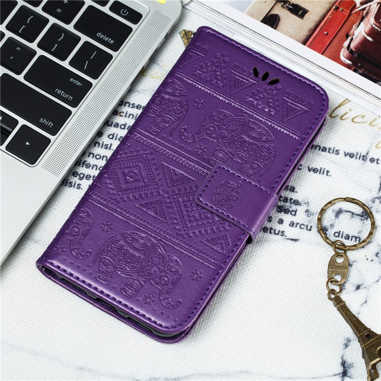 Imprint Elephant PU Leather Wallet Stand Case for Xiaomi Redmi Note 8 - Purple-11