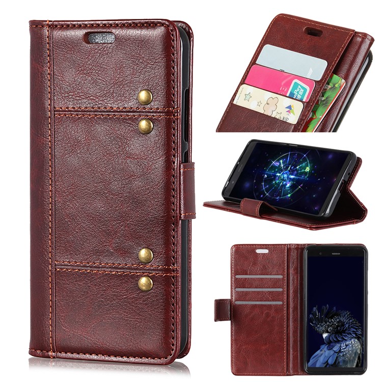 Rivet Decorated Crazy Horse Leather Wallet Stand Case for Xiaomi Redmi 8A - Brown-1