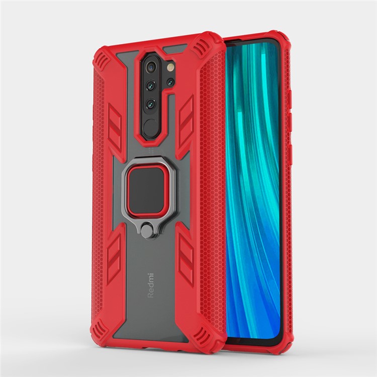 Warrior Style Rotating Ring Kickstand PC+TPU Combo Case for Xiaomi Redmi Note 8 Pro - Red-1