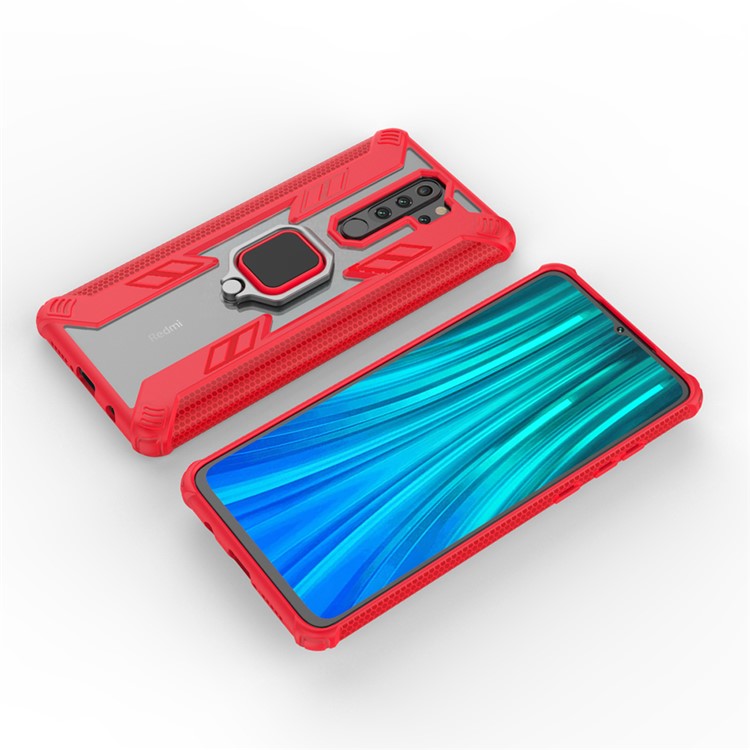 Warrior Style Rotating Ring Kickstand PC+TPU Combo Case for Xiaomi Redmi Note 8 Pro - Red-2