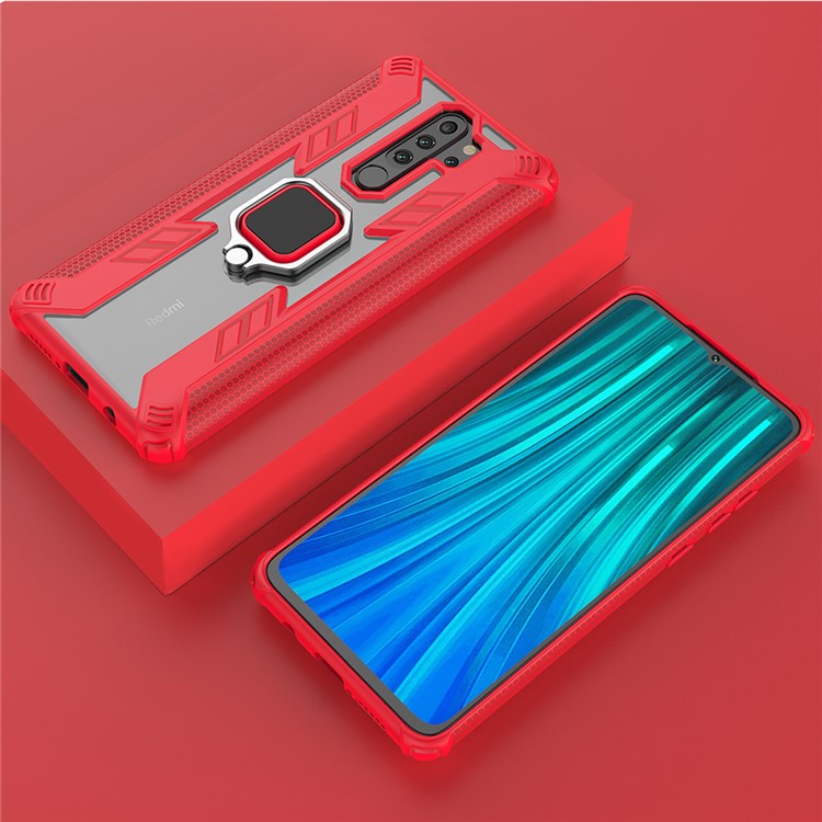 Warrior Style Rotating Ring Kickstand PC+TPU Combo Case for Xiaomi Redmi Note 8 Pro - Red-4