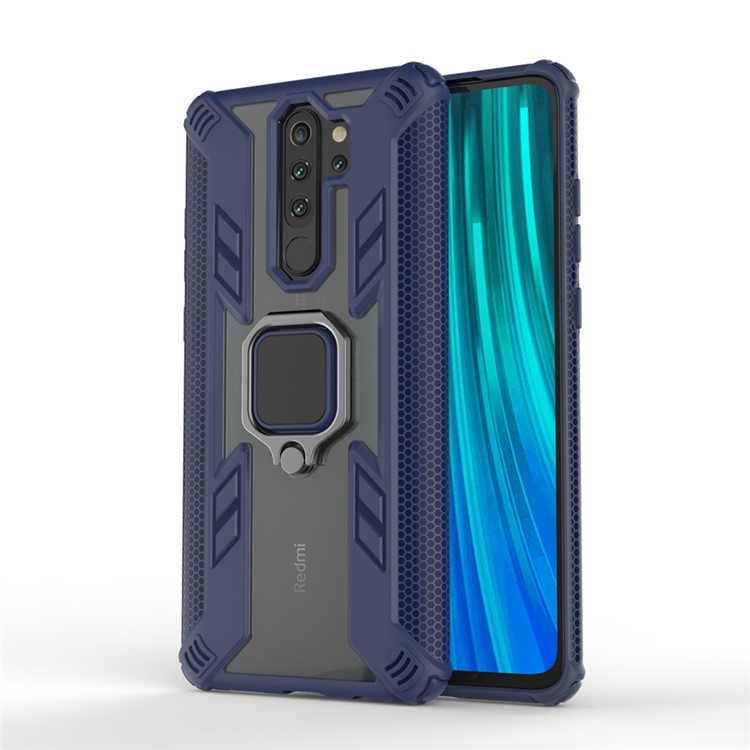 Warrior Style Rotating Ring Kickstand PC+TPU Combo Case for Xiaomi Redmi Note 8 Pro - Blue-1