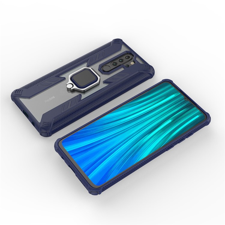 Estilo de Guerreiro Ringue Rotativo Kickstand PC+TPU Combo Case Para Xiaomi Redmi Note 8 Pro - Azul