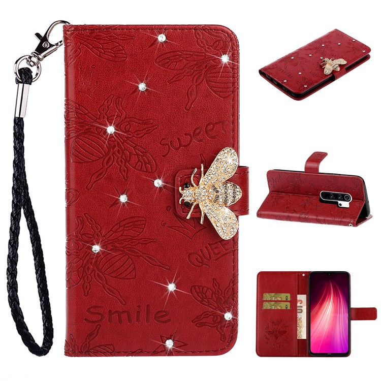 Cristal Decor Impronta Flor De Abeja TPU + Caja Del Teléfono De La Carpeta De Cuero De La PU Para Xiaomi Redmi Nota 8 Pro - Rojo-1