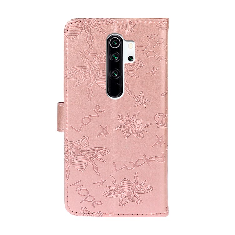 Rhinestone Decor Imprint Flower Bee TPU+PU Leather Wallet Phone Case for Xiaomi Redmi Note 8 Pro - Rose Gold-3