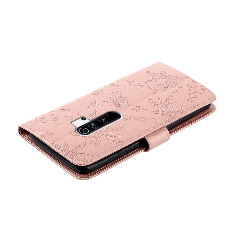 Rhinestone Decor Imprint Flower Bee TPU+PU Leather Wallet Phone Case for Xiaomi Redmi Note 8 Pro - Rose Gold-5