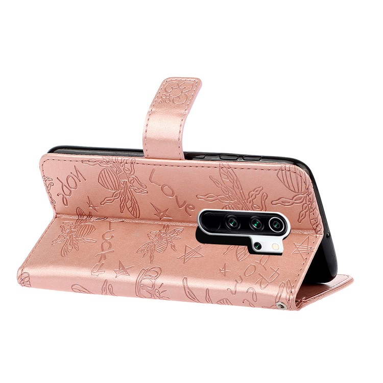 Rhinestone Decor Imprint Flower Bee TPU+PU Leather Wallet Phone Case for Xiaomi Redmi Note 8 Pro - Rose Gold-6