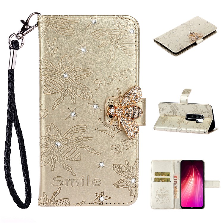 Rhinestone Decor Imprint Flower Bee TPU+PU Leather Wallet Phone Case for Xiaomi Redmi Note 8 Pro - Gold-1