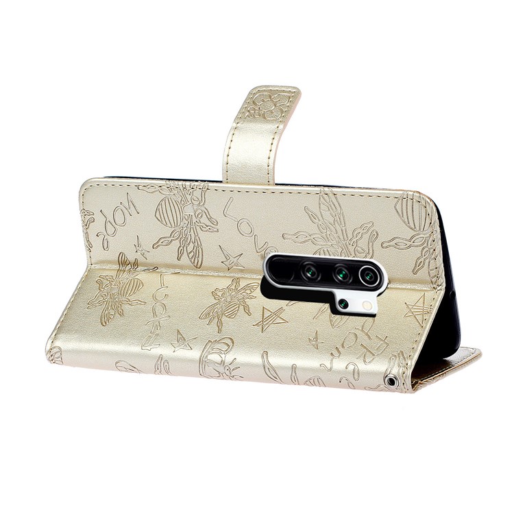 Rhinestone Decor Imprint Flower Bee TPU+PU Leather Wallet Phone Case for Xiaomi Redmi Note 8 Pro - Gold-6