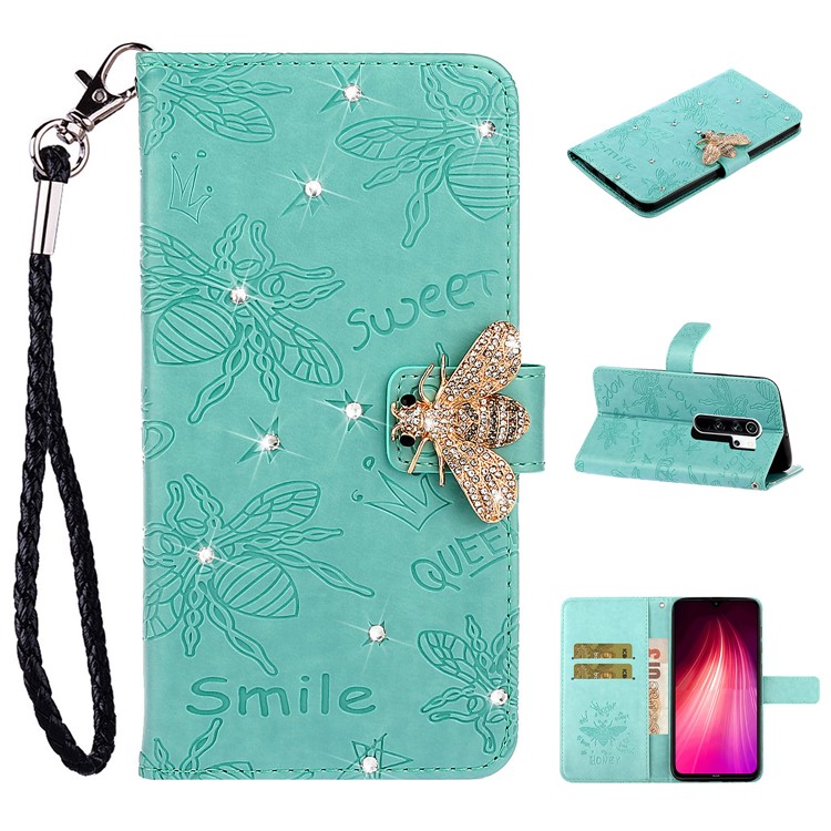 Rhinestone Decor Imprint Flower Bee TPU+PU Leather Wallet Phone Case for Xiaomi Redmi Note 8 Pro - Cyan-1