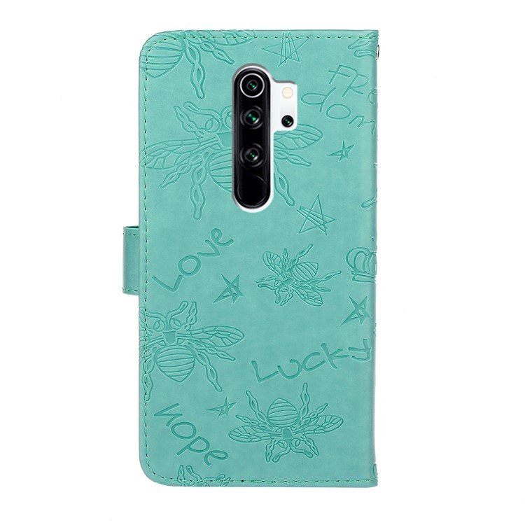 Rhinestone Decor Imprint Flower Bee TPU+PU Leather Wallet Phone Case for Xiaomi Redmi Note 8 Pro - Cyan-3