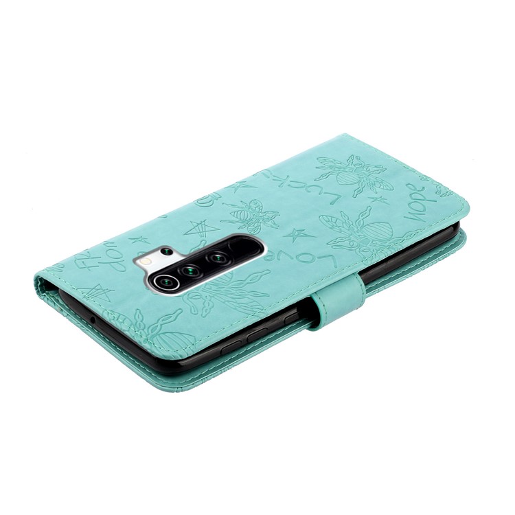 Rhinestone Decor Imprint Flower Bee TPU+PU Leather Wallet Phone Case for Xiaomi Redmi Note 8 Pro - Cyan-5