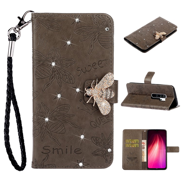 Strass Decoração Imprint Flor Abelha TPU + PU De Couro Caso De Telefone Carteira Para Xiaomi Nota Redmi 8 Pro - Castanho-1