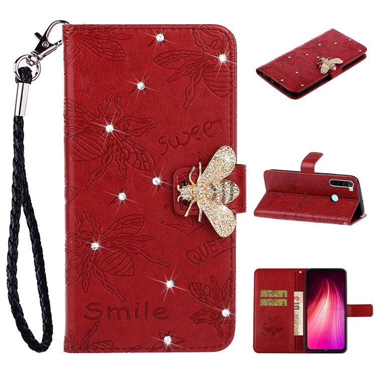 Imprint Flower Bee Rhinestone Decor Leather Wallet Case for Xiaomi Redmi Note 8 - Red-1