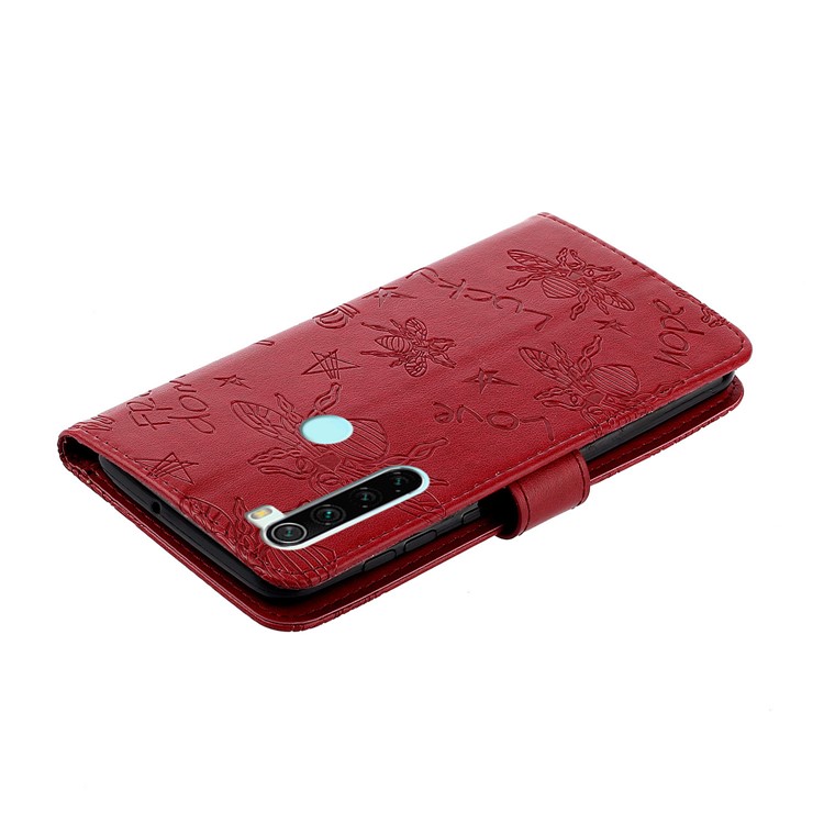 Imprint Flower Bee Rhinestone Decor Leather Wallet Case for Xiaomi Redmi Note 8 - Red-5