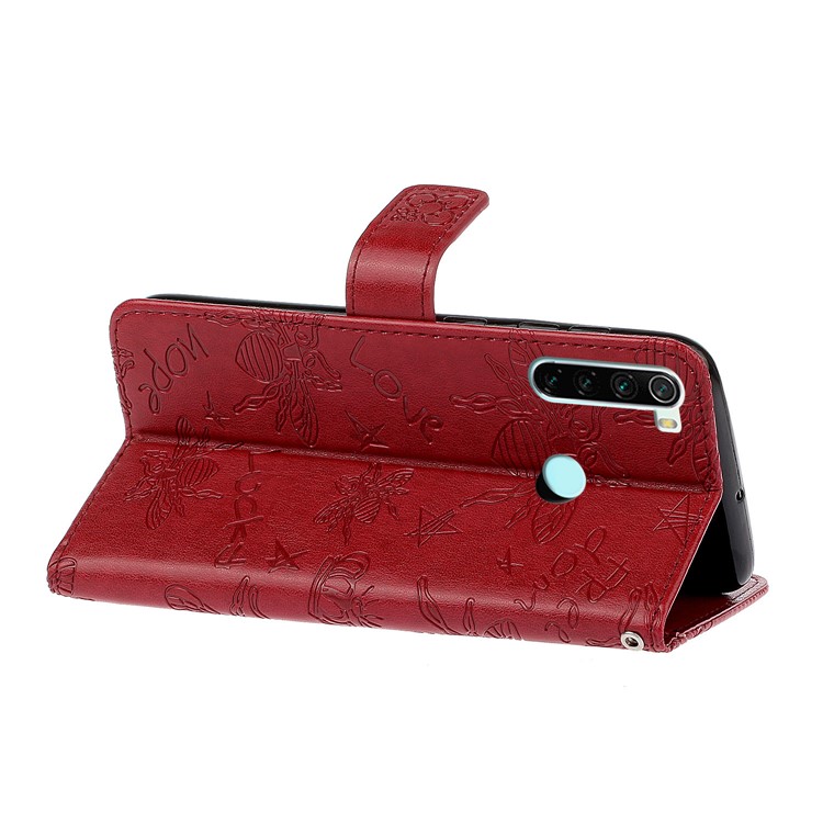 Imprint Flower Bee Rhinestone Decor Leather Wallet Case for Xiaomi Redmi Note 8 - Red-6