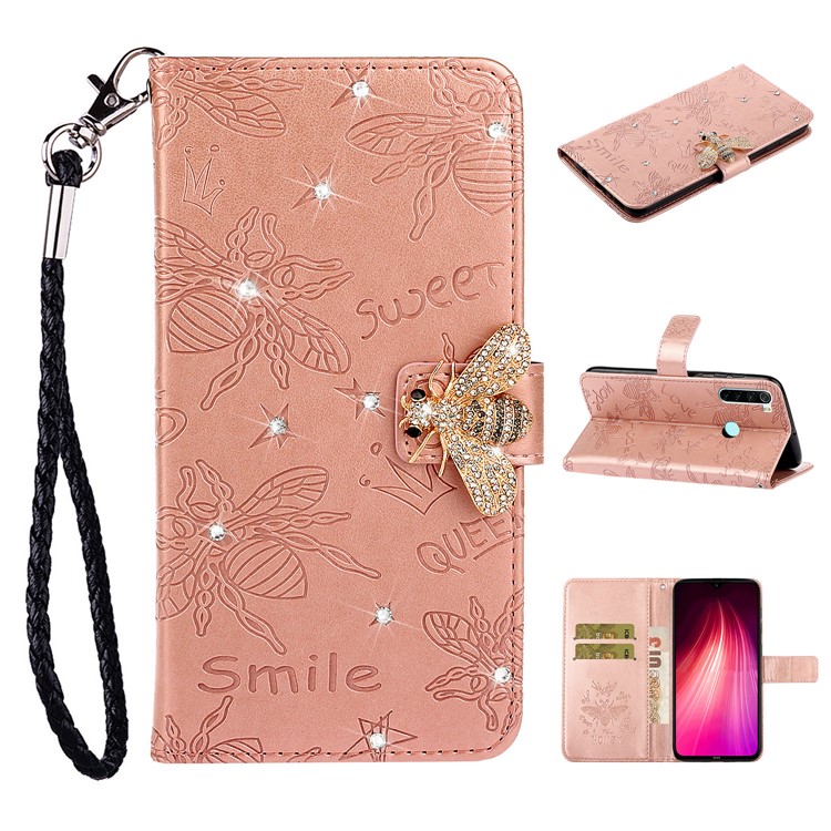 Imprint Flower Bee Rhinestone Decor Leather Wallet Case for Xiaomi Redmi Note 8 - Rose Gold-1