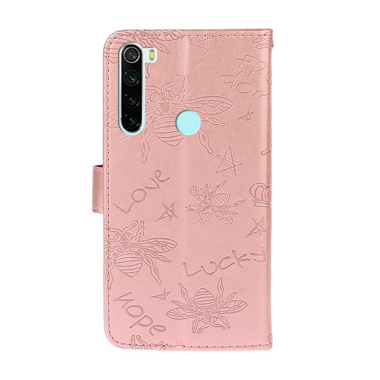 Imprint Flower Bee Rhinestone Decor Leather Wallet Case for Xiaomi Redmi Note 8 - Rose Gold-3