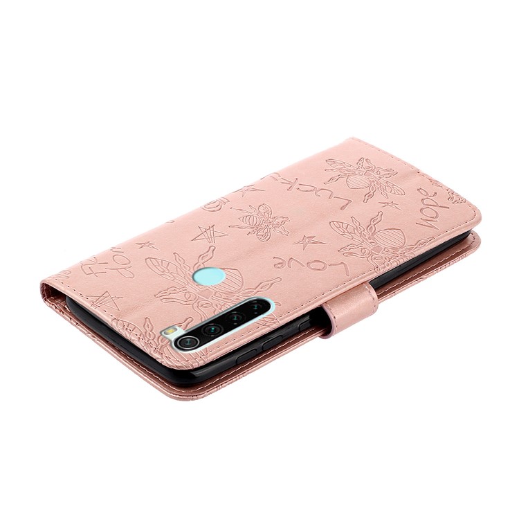 Imprint Flower Bee Rhinestone Decor Leather Wallet Case for Xiaomi Redmi Note 8 - Rose Gold-5