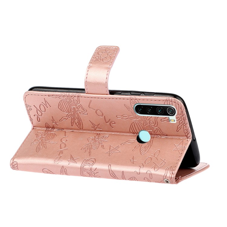 Imprint Flower Bee Rhinestone Decor Leather Wallet Case for Xiaomi Redmi Note 8 - Rose Gold-6