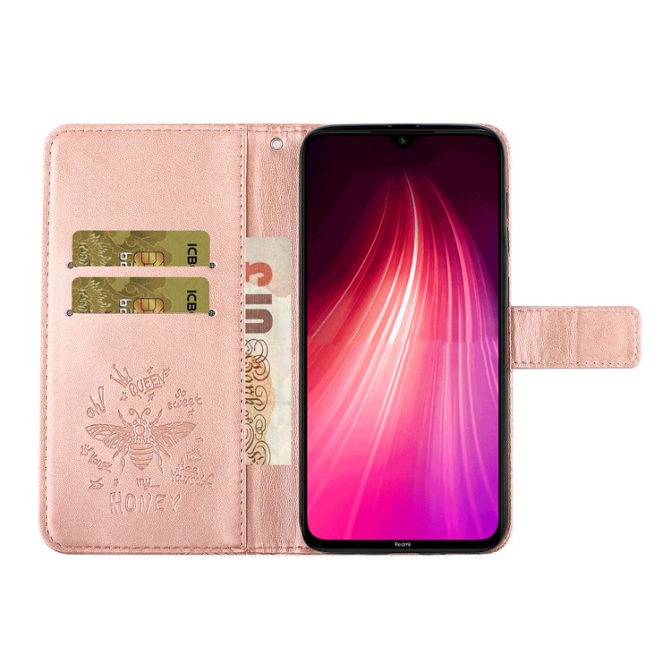 Imprint Flower Bee Rhinestone Decor Leather Wallet Case for Xiaomi Redmi Note 8 - Rose Gold-7