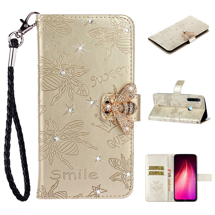 Imprint Flower Bee Rhinestone Decor Leather Wallet Case for Xiaomi Redmi Note 8 - Gold-1