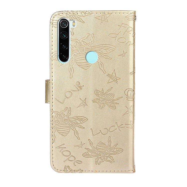 Imprint Flower Bee Rhinestone Decor Leather Wallet Case for Xiaomi Redmi Note 8 - Gold-3