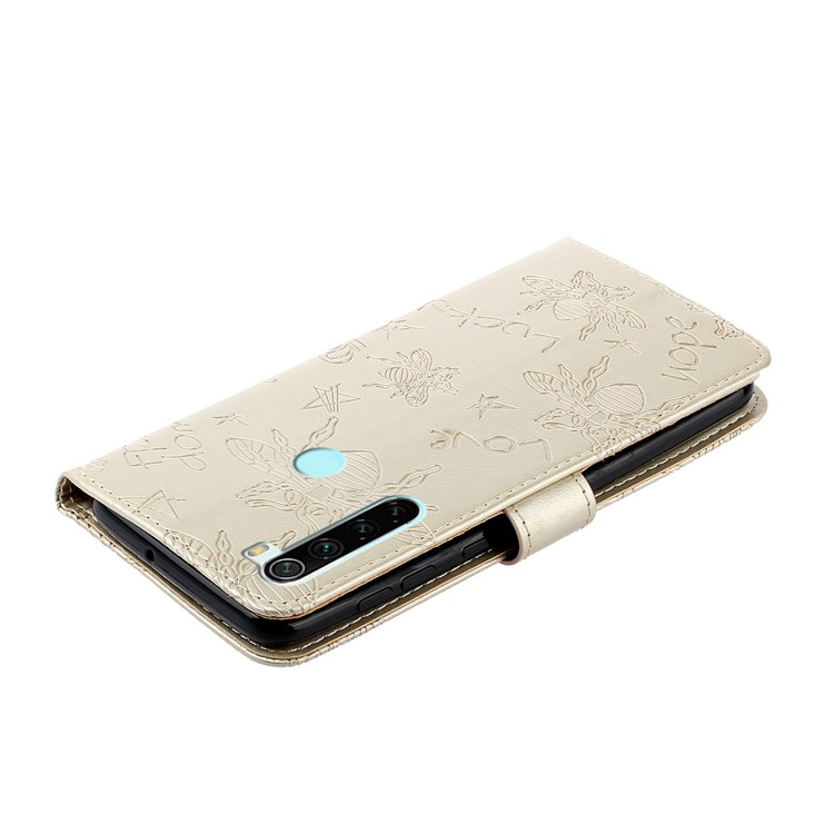 Imprint Flower Bee Rhinestone Decor Leather Wallet Case for Xiaomi Redmi Note 8 - Gold-5