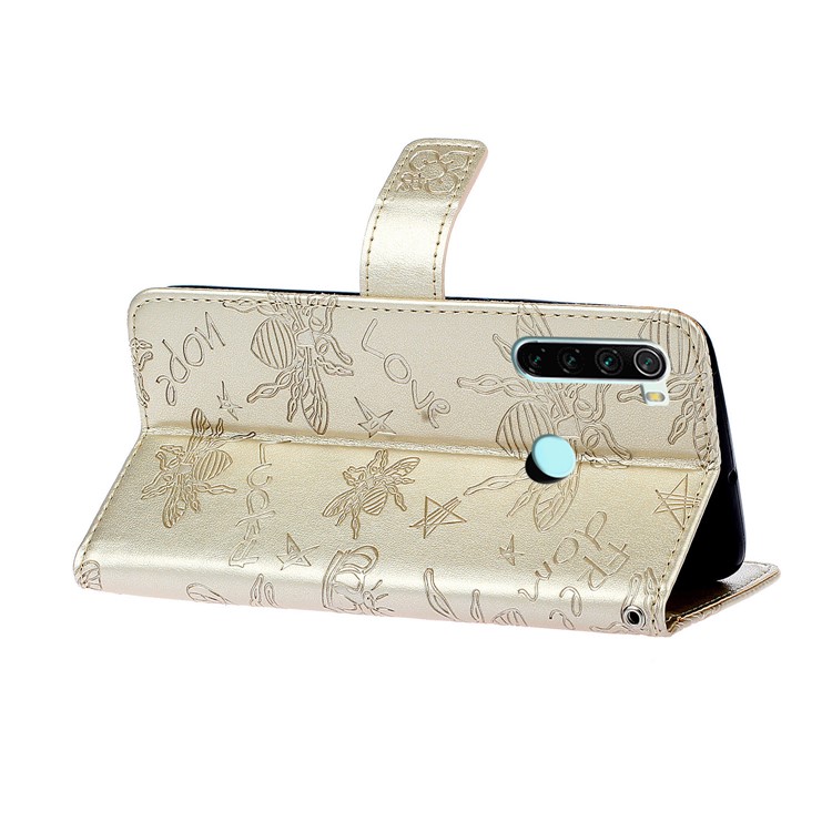 Imprint Flower Bee Rhinestone Decor Leather Wallet Case for Xiaomi Redmi Note 8 - Gold-6