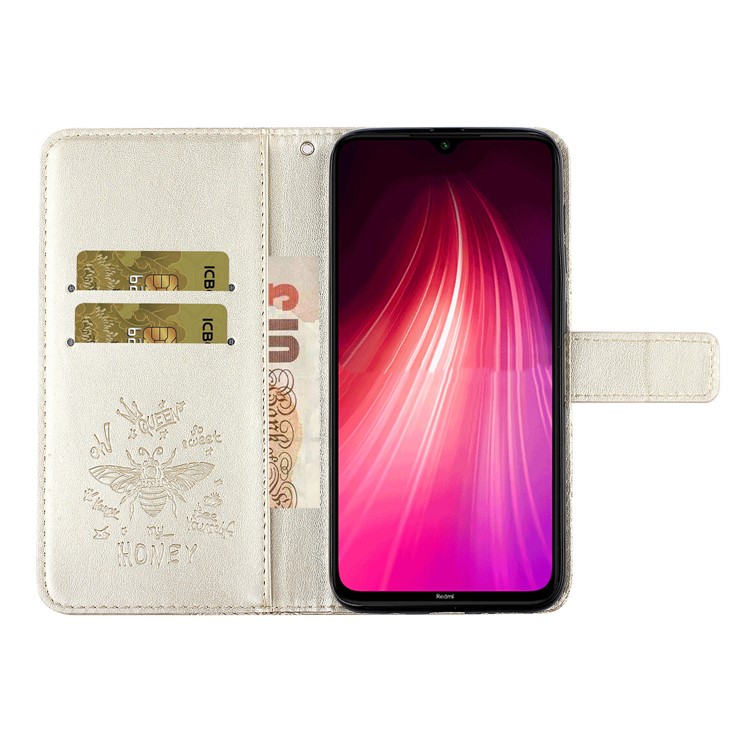 Imprint Flower Bee Rhinestone Decor Leather Wallet Case for Xiaomi Redmi Note 8 - Gold-7