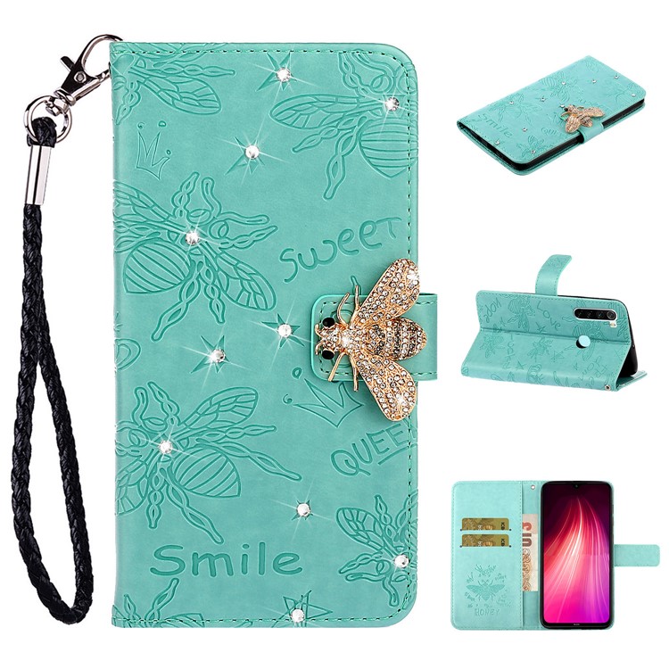 Imprint Flower Bee Rhinestone Decor Leather Wallet Case for Xiaomi Redmi Note 8 - Cyan-1