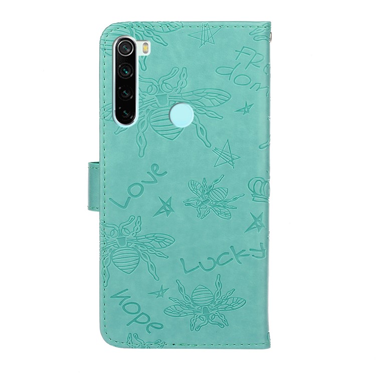 Imprint Flower Bee Rhinestone Decor Leather Wallet Case for Xiaomi Redmi Note 8 - Cyan-3