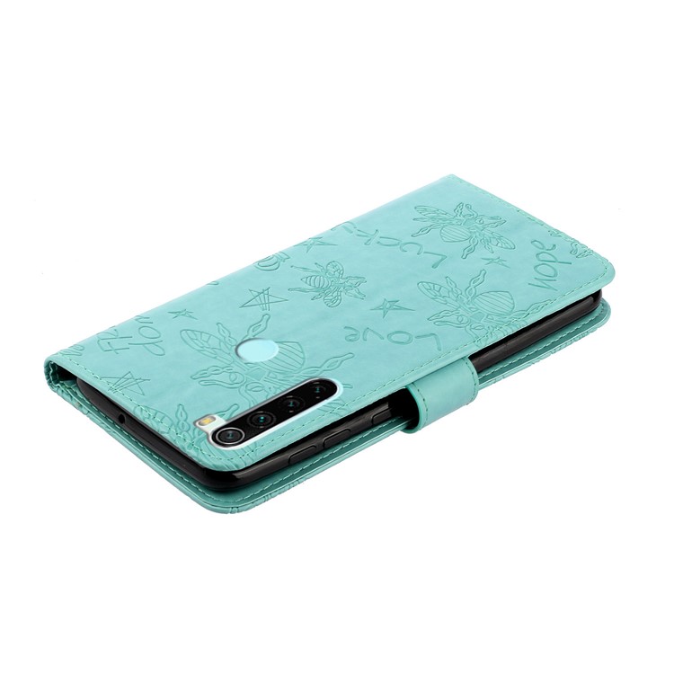 Imprint Flower Bee Rhinestone Decor Leather Wallet Case for Xiaomi Redmi Note 8 - Cyan-5