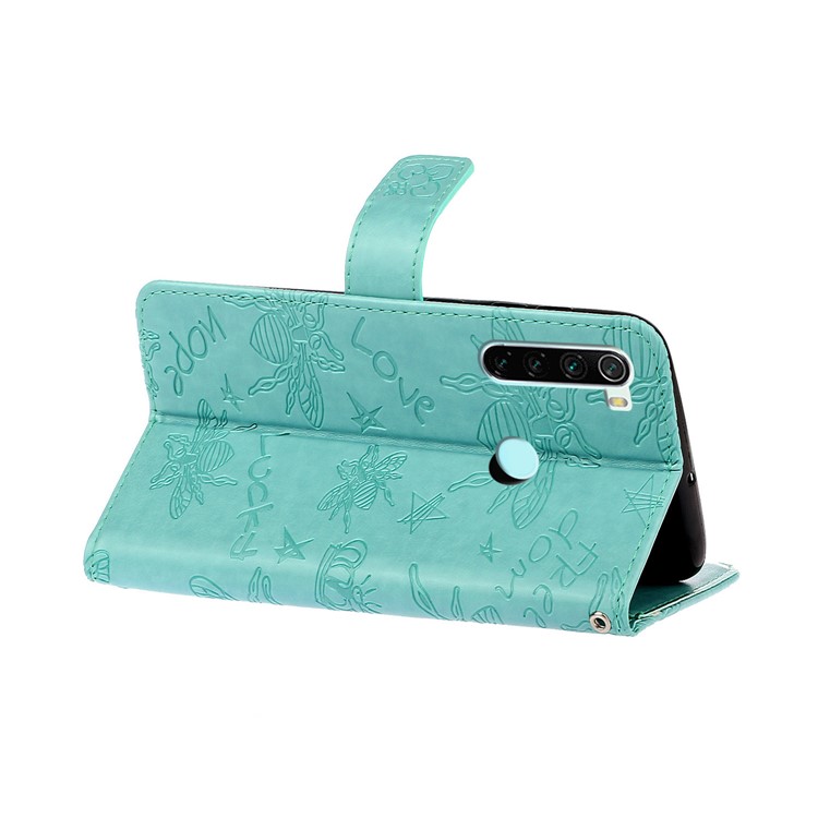 Imprint Flower Bee Rhinestone Decor Leather Wallet Case for Xiaomi Redmi Note 8 - Cyan-6