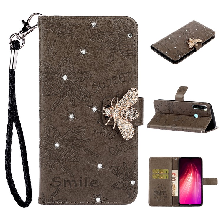 Imprint Flower Bee Rhinestone Decor Leather Wallet Case for Xiaomi Redmi Note 8 - Grey-1