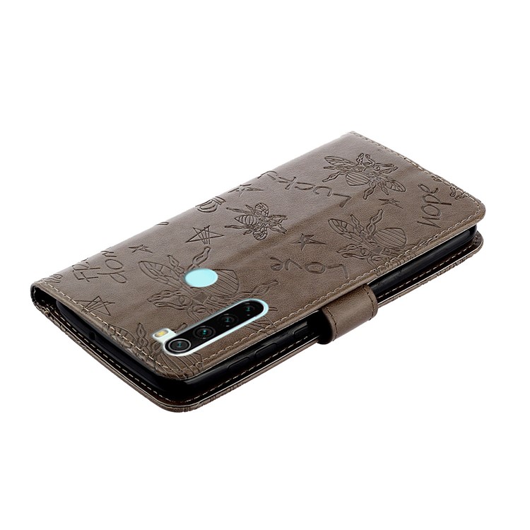 Imprint Flower Bee Rhinestone Decor Leather Wallet Case for Xiaomi Redmi Note 8 - Grey-5