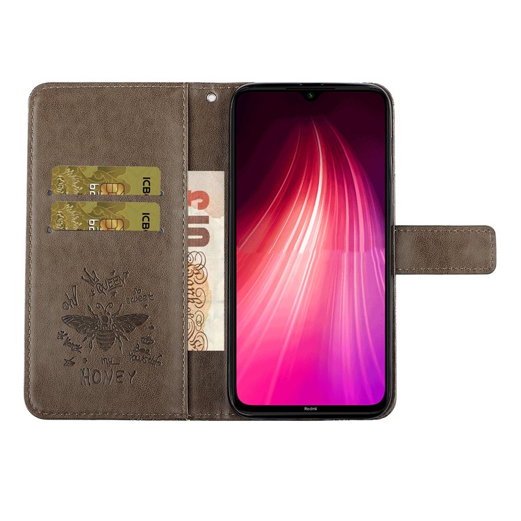 Imprint Flower Bee Rhinestone Decor Leather Wallet Case for Xiaomi Redmi Note 8 - Grey-7