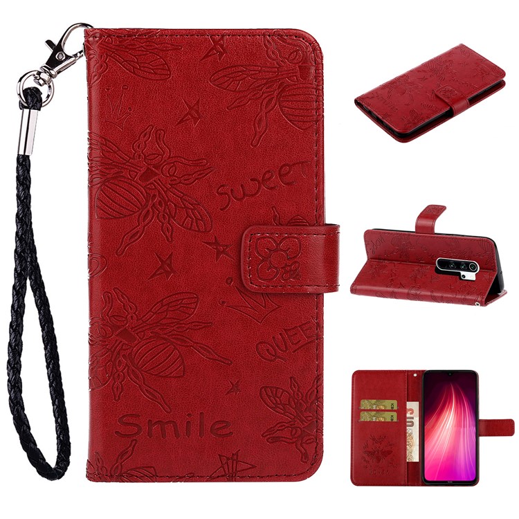 Imprint Flower Bee Leather Wallet Stand Case for Xiaomi Redmi Note 8 Pro - Red-1