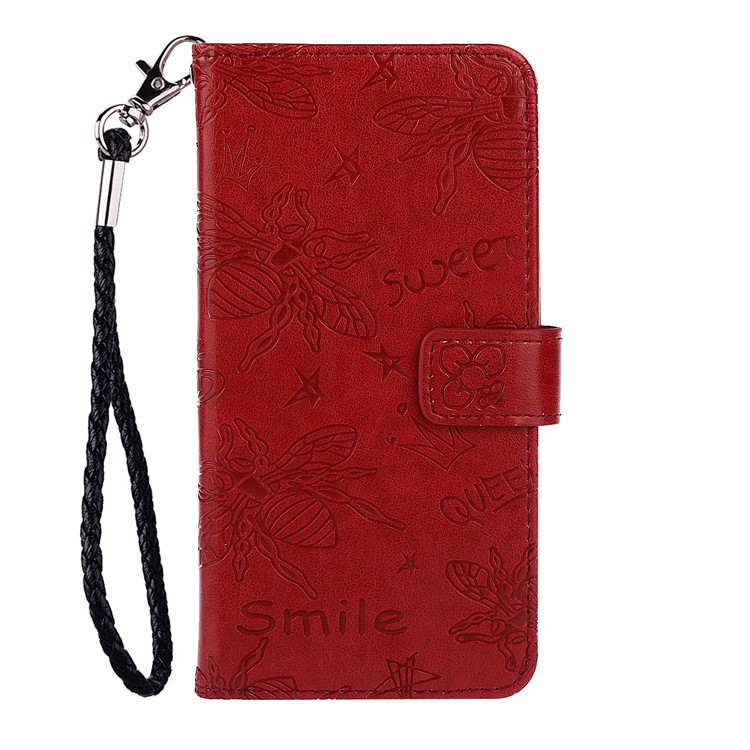 Imprint Flower Bee Leather Wallet Stand Case for Xiaomi Redmi Note 8 Pro - Red-2