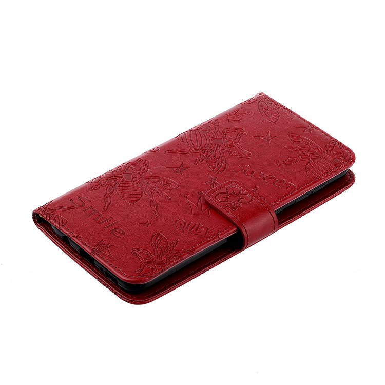 Imprint Flower Bee Leather Wallet Stand Case for Xiaomi Redmi Note 8 Pro - Red-4