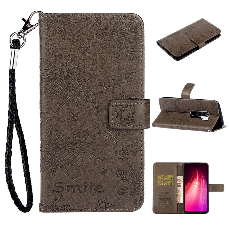 Imprint Flower Bee Leather Wallet Stand Case for Xiaomi Redmi Note 8 Pro - Grey-1