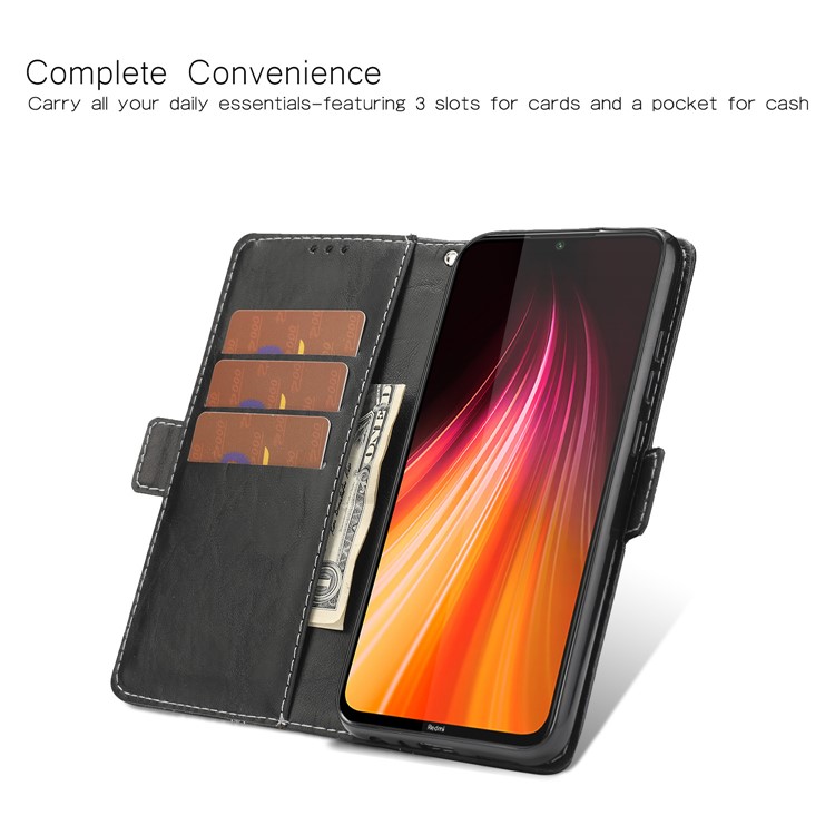 Stitching Handy Leder Mappenkasten Für Xiaomi Redmi Anmerkung 8 - Alles Schwarz-2